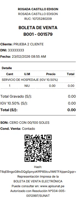 Módulo de facturación electrónica SUNAT para hoteles